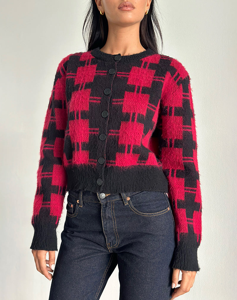 Cardigan Anzio in maglia a quadri neri e rossi