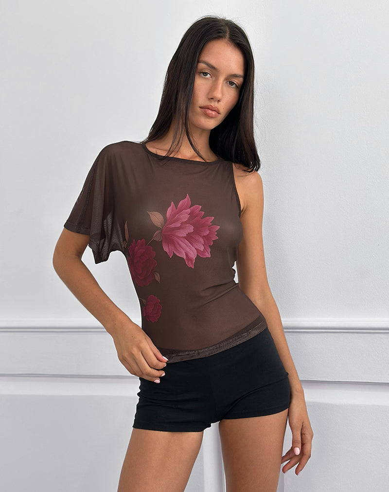 Top monospalla in balsa marrone con stampa floreale rosa