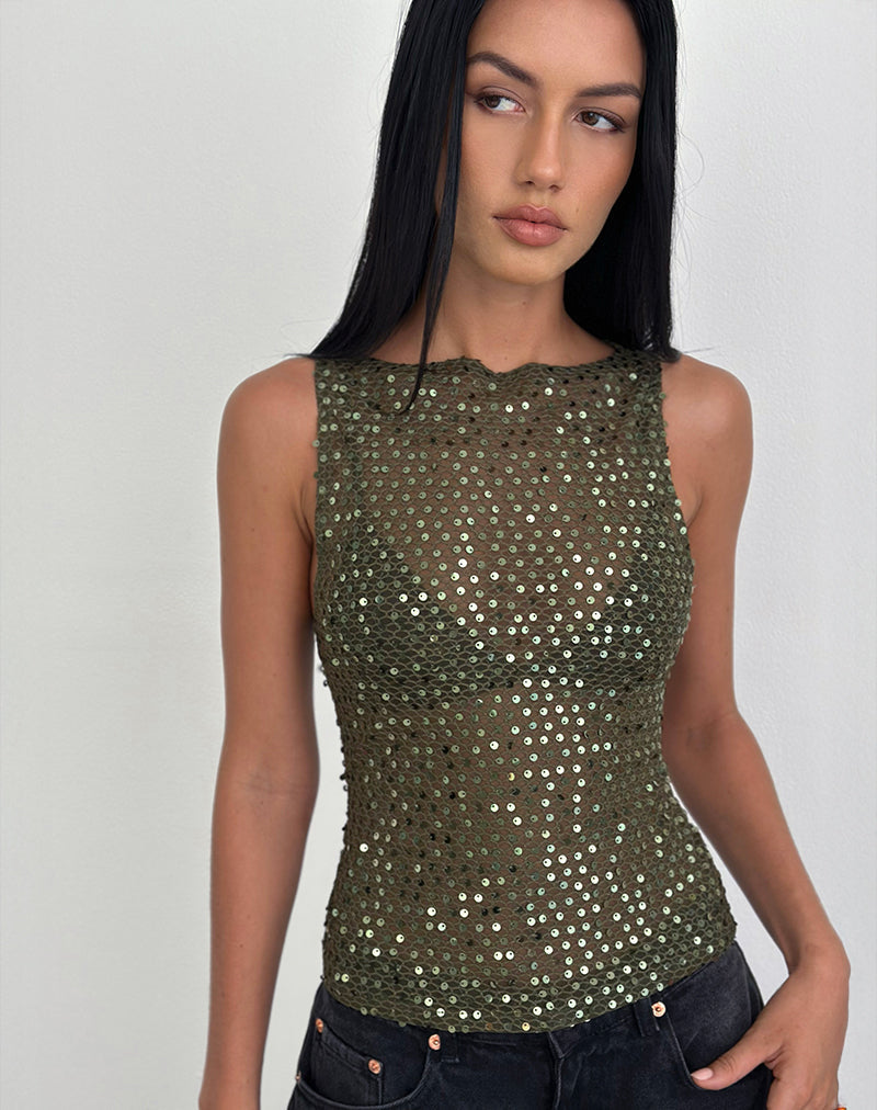 Immagine di Dudley Gilet Top in maglia di paillettes Olive
