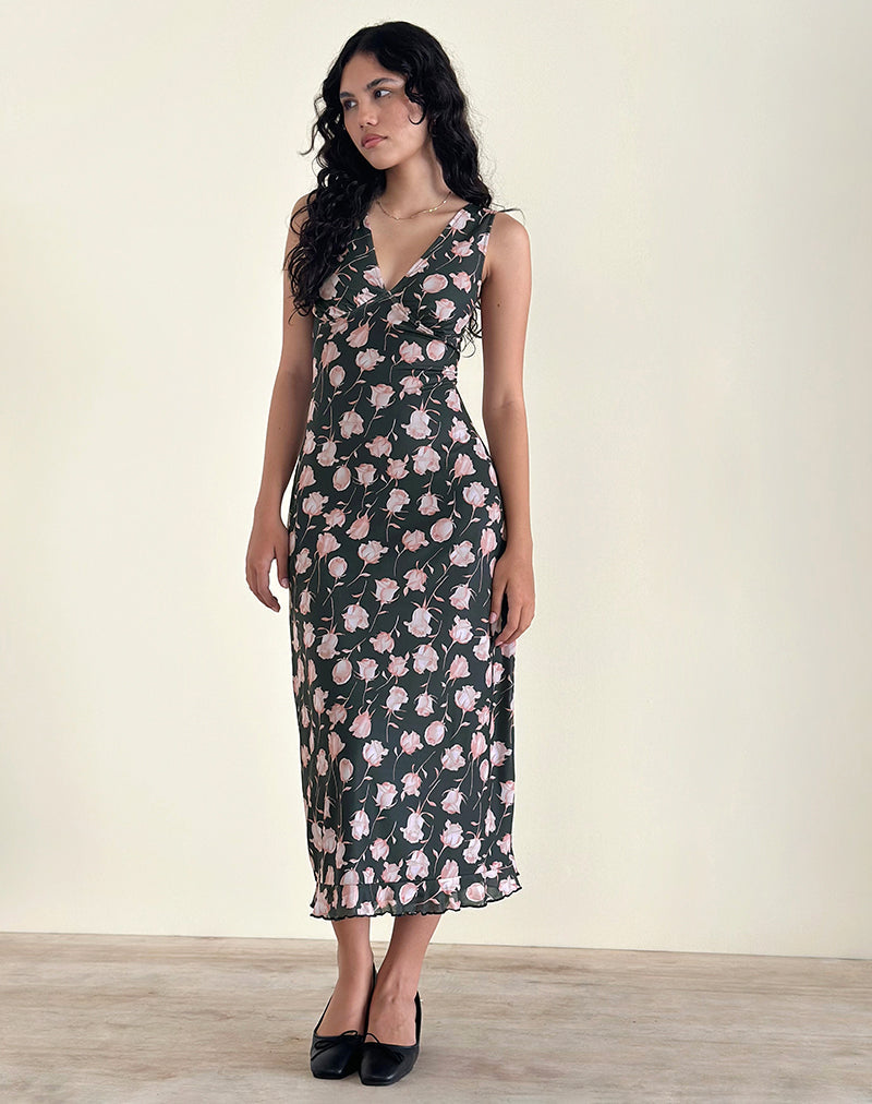 Vestito midi Gabriela in Falling Rose Jet Black