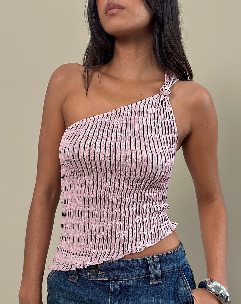 Top monospalla Idari in maglia a righe rosa tenue