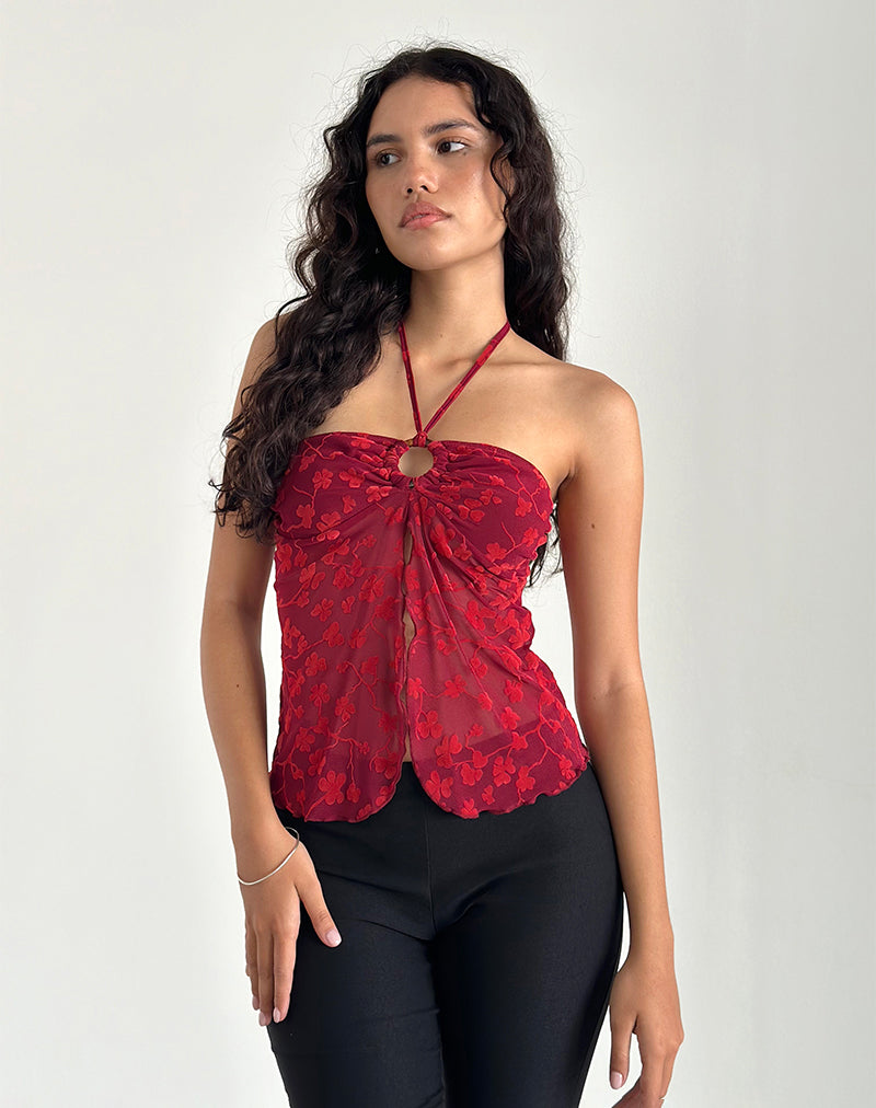 Janar - Top con collo alto in Grunge Flower Flock Rosso