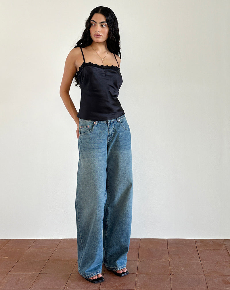 Top Kira in raso nero con pizzo nero