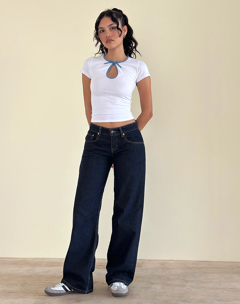 Top Monsel con laccetti sul davanti, bianco e con legatura in denim sbiadito
