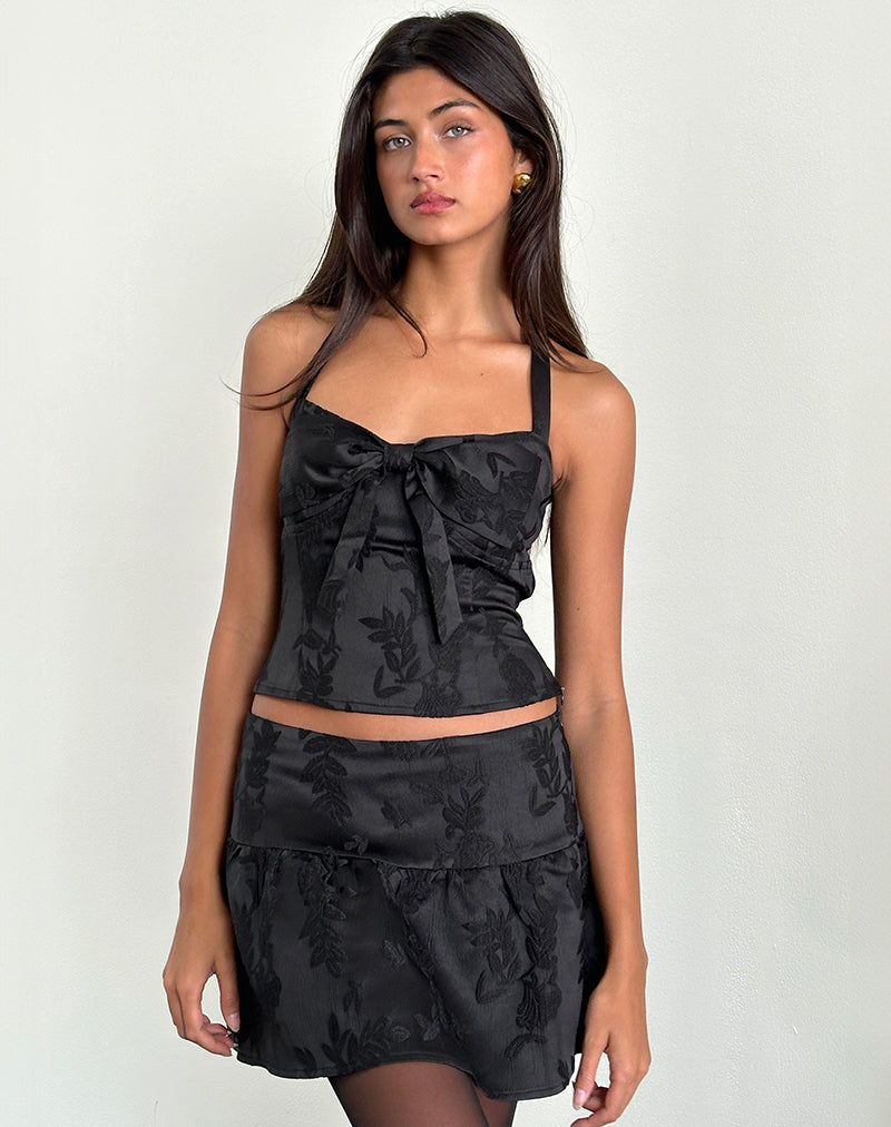 Raffita Mini Gonna in Raso Jacquard Nero