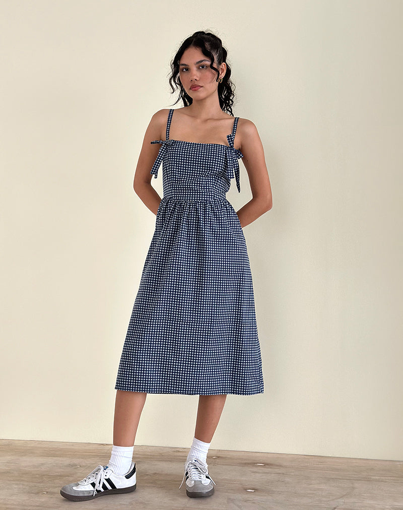 Abito Sloane Midi in Mini Gingham Blu Scuro