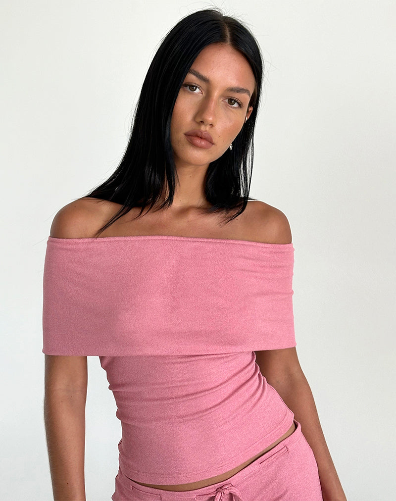 Top Thalassa off the shoulder in maglia trasparente rosa scuro