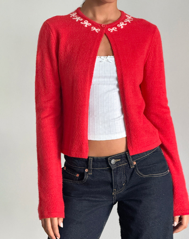 Cardigan Wunara rosso con fiocchi rosa