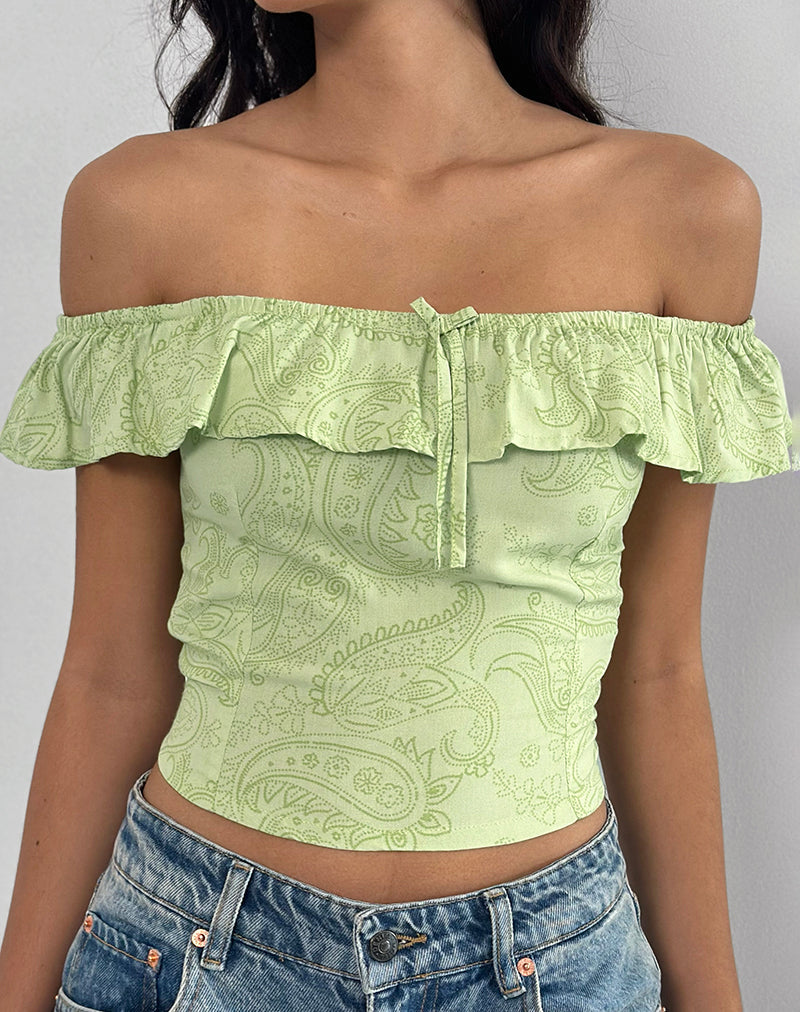 Yokai Top Bardot in Retro Paisley Lime