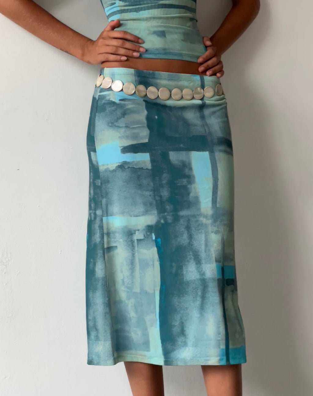 MOTEL X JACQUIE Gia - Gonna midi in maglia astratta verde pennello