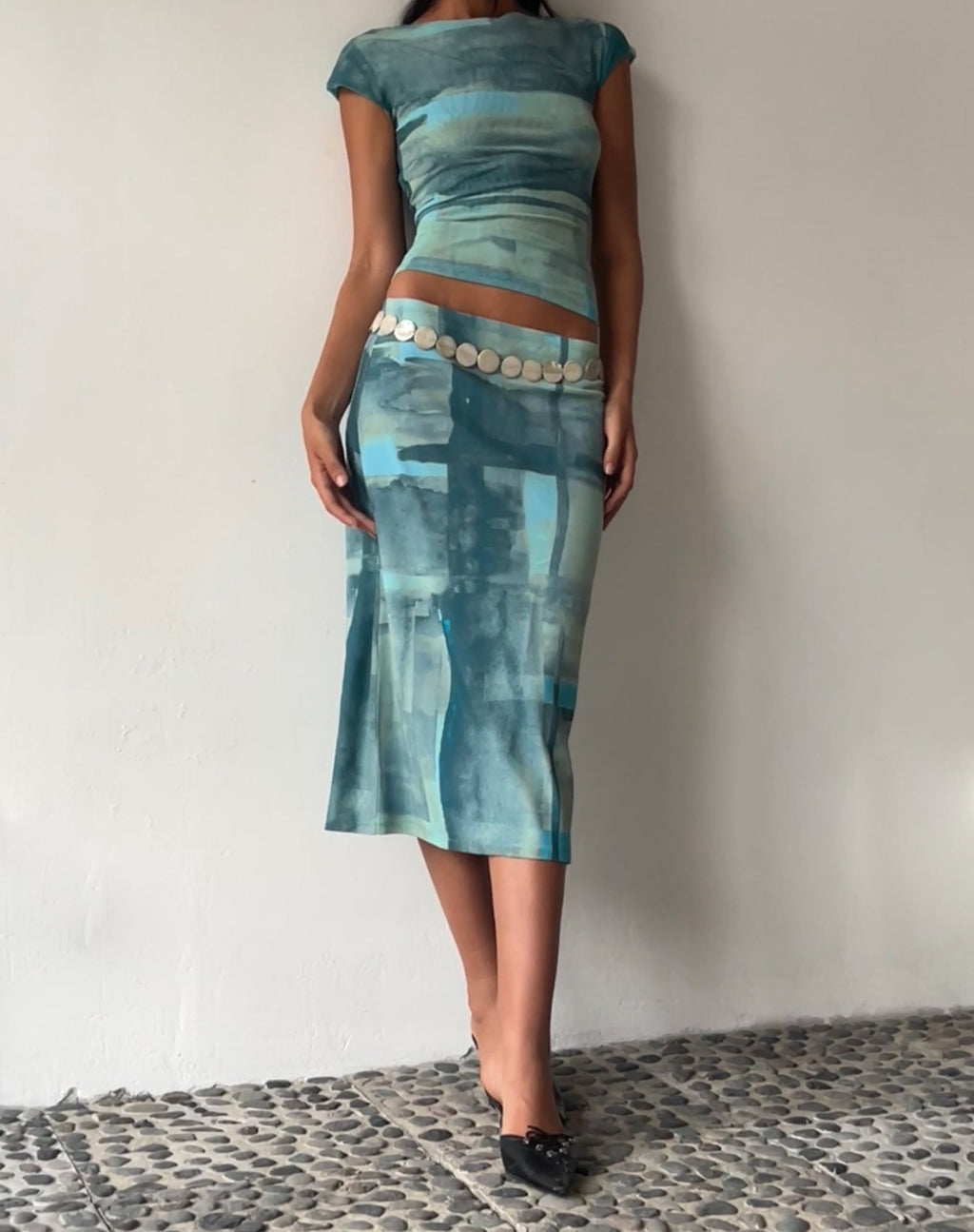 MOTEL X JACQUIE Gia - Gonna midi in maglia astratta verde pennello