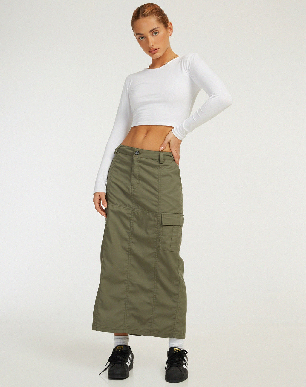 Widya - Gonna midi cargo in oliva scura