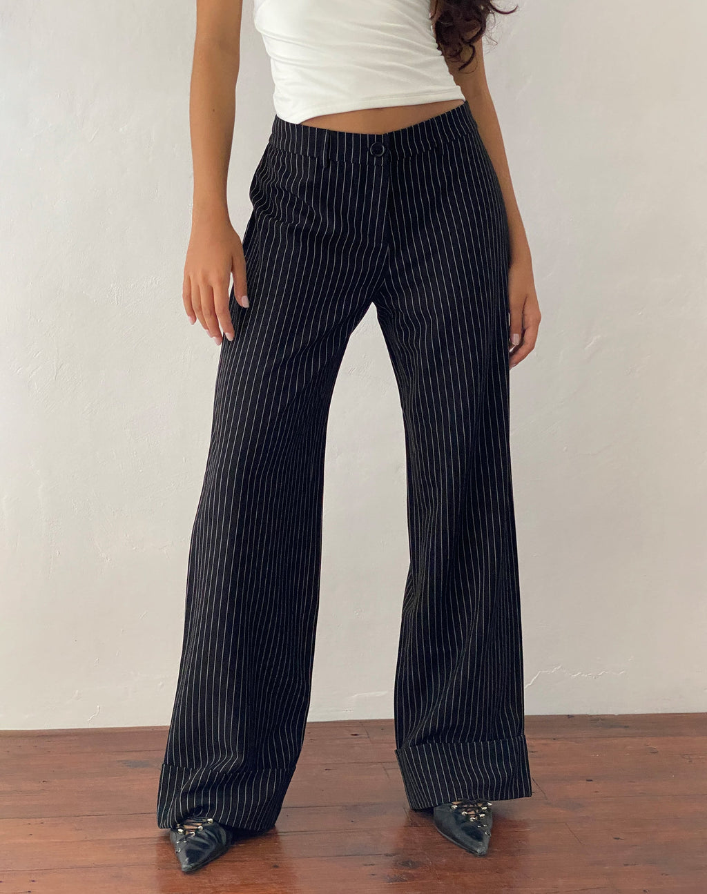 Abba - Pantaloni a vita bassa in gessato nero - sartoriali