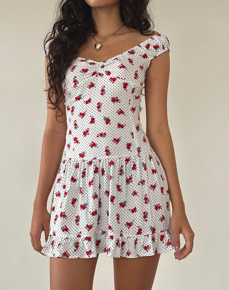 Mini abito Bardot di Aca in White Rose Polka