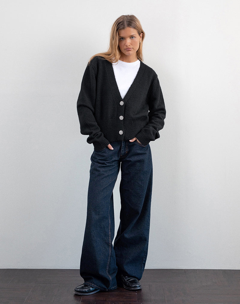 Cardigan Acera in maglia nera con bottoni a fiore d'argento
