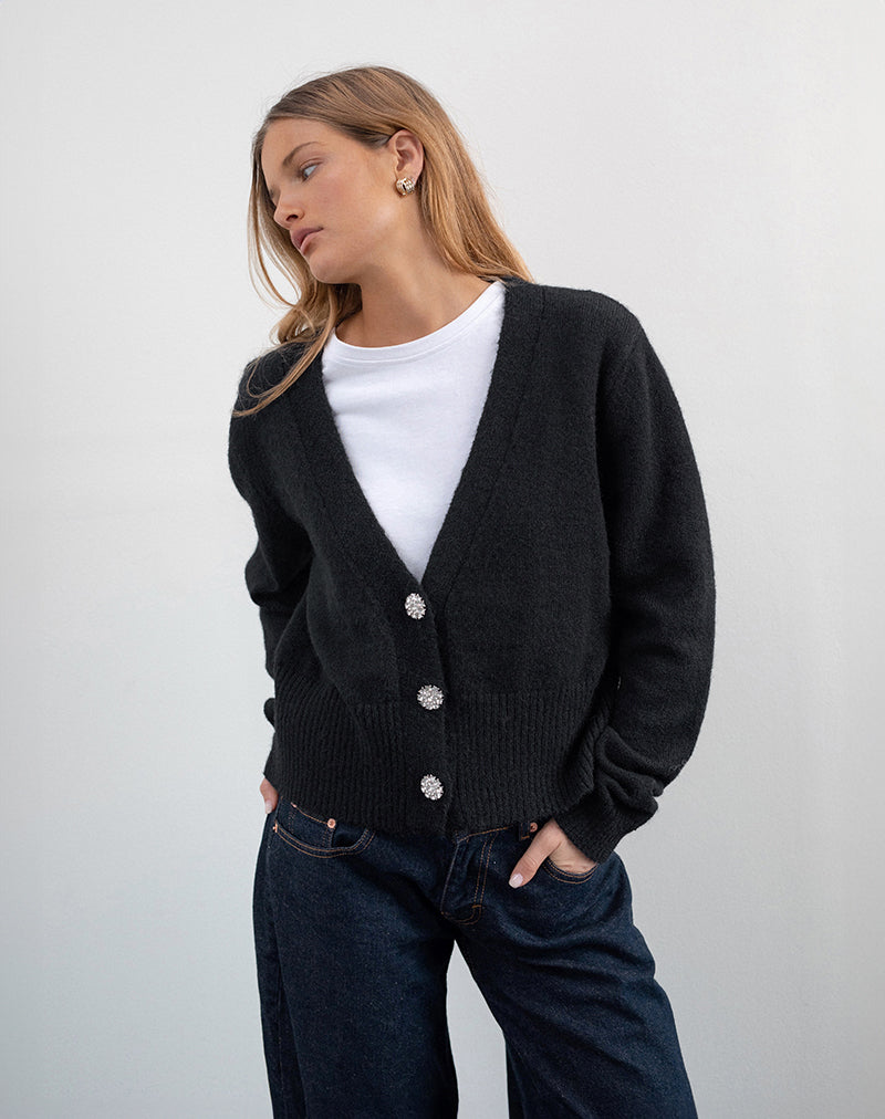 Cardigan Acera in maglia nera con bottoni a fiore d'argento