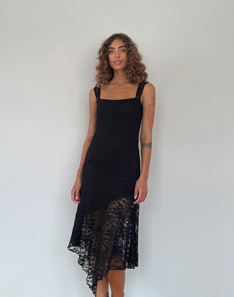 Adeliza - Vestito midi asimmetrico in pizzo floreale Jet Black