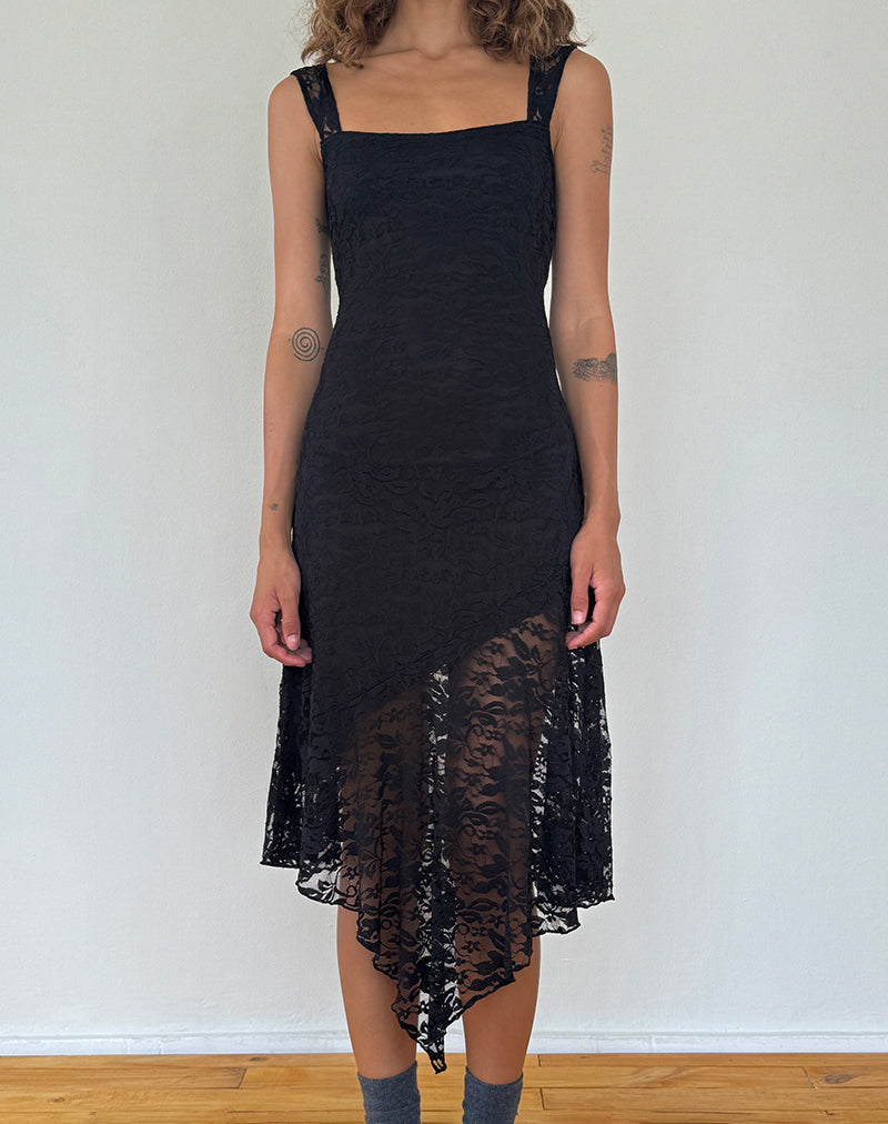 Immagine di Adeliza Vestito midi asimmetrico in pizzo floreale Jet Black