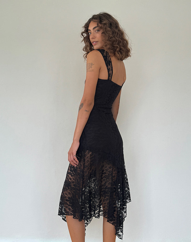 Immagine di Adeliza Vestito midi asimmetrico in pizzo floreale Jet Black
