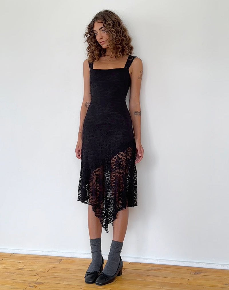 Immagine di Adeliza Vestito midi asimmetrico in pizzo floreale Jet Black