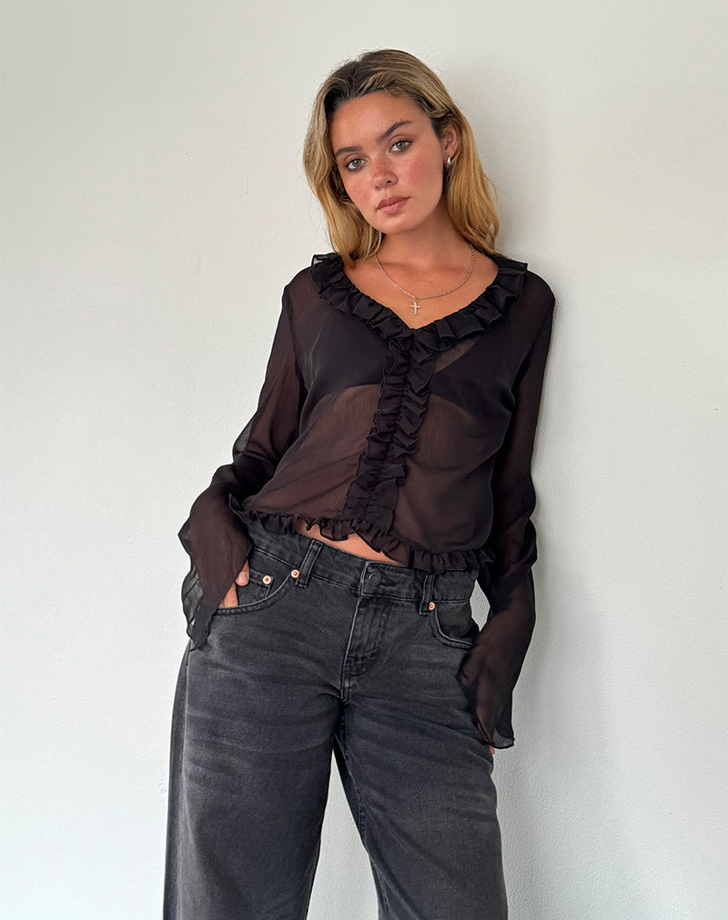Adriana Top con volant in chiffon nero