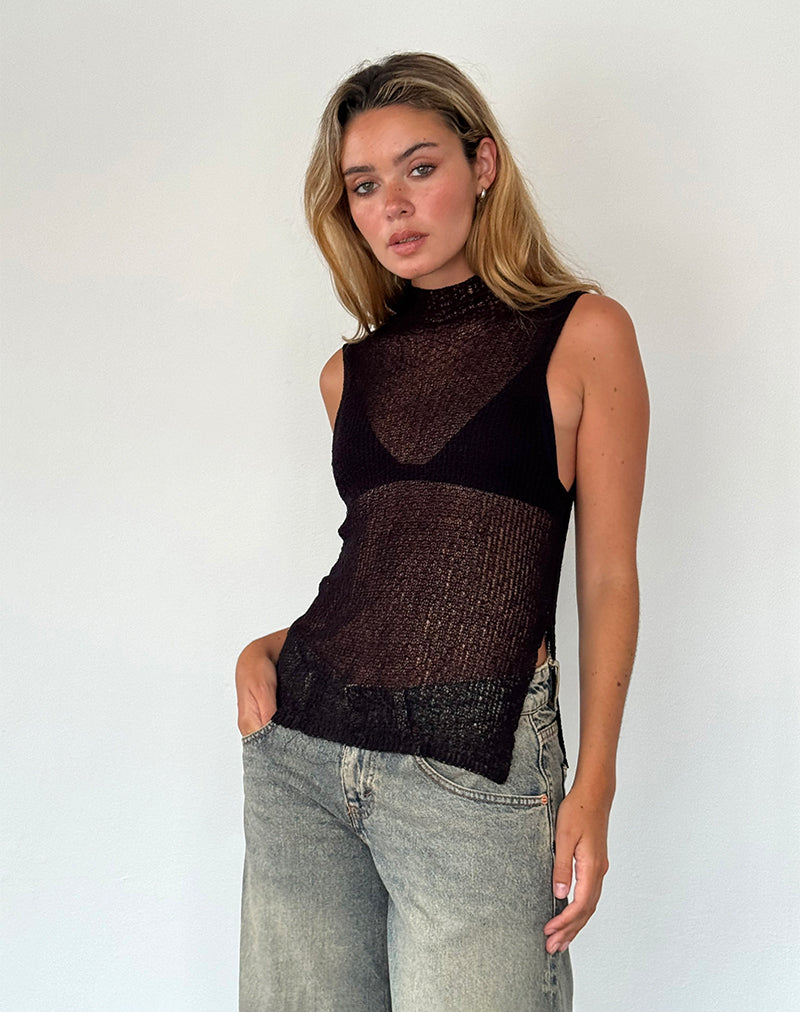 Agnes - Canotta senza maniche in maglia trasparente nera