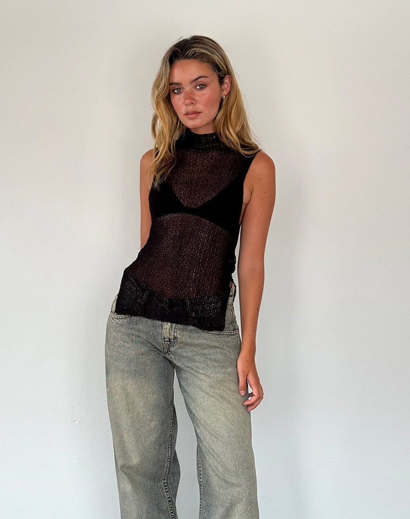 Agnes - Canotta senza maniche in maglia trasparente nera