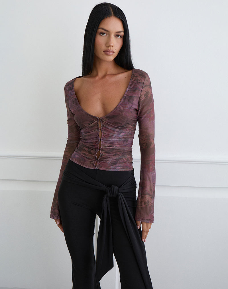 Top a maniche lunghe Aifee in rete con motivo floreale sfocato bordeaux