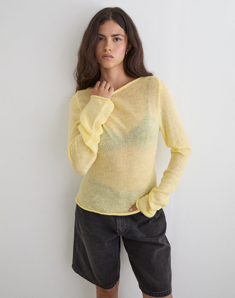 Top Aika a maniche lunghe in maglia trasparente color limone