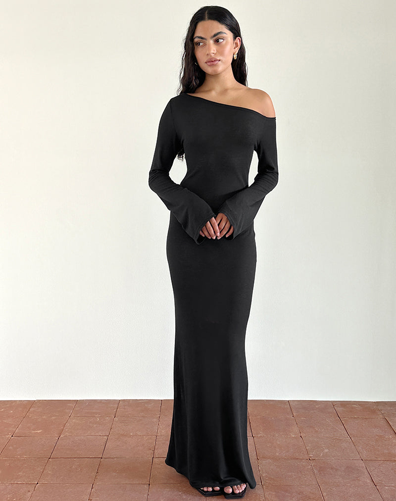 image of Aldiana Maxi abito asimmetrico a maniche lunghe in maglia trasparente nero