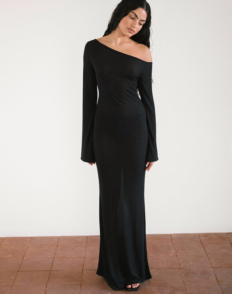 Aldiana Maxi abito asimmetrico a maniche lunghe in maglia trasparente nero