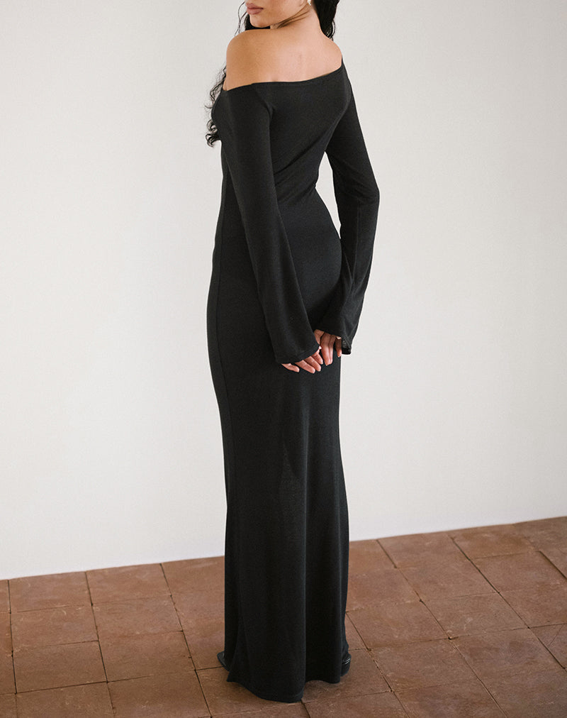 Aldiana Maxi abito asimmetrico a maniche lunghe in maglia trasparente nero