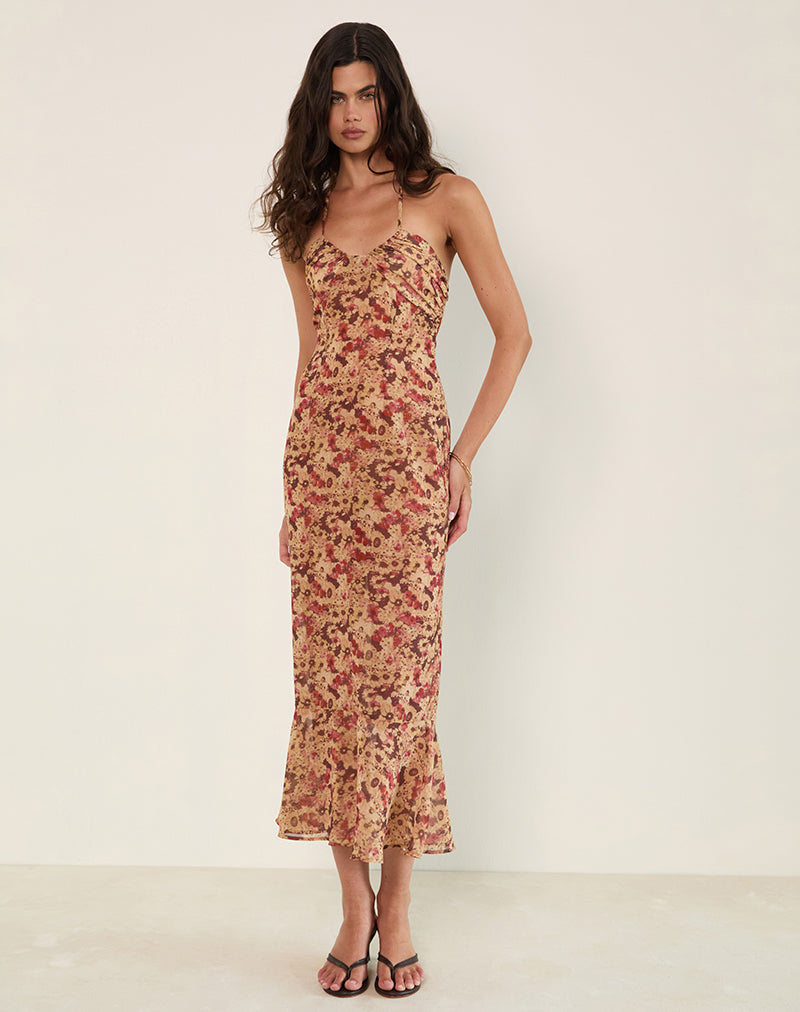 Maxi abito Alette in chiffon a fiori arrugginiti con scollo a mezzaluna