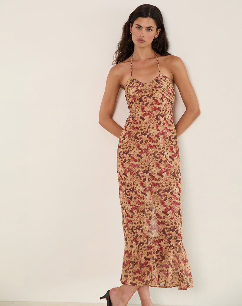 Maxi abito Alette in chiffon a fiori arrugginiti con scollo a mezzaluna
