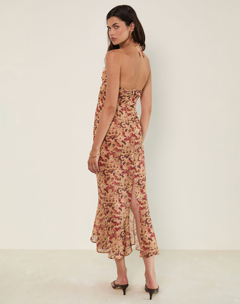 Immagine di Alette, maxi abito in chiffon con scollo a mezzaluna, fiore arrugginito