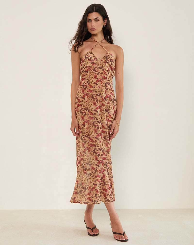 Immagine di Alette, maxi abito in chiffon con scollo a mezzaluna, fiore arrugginito