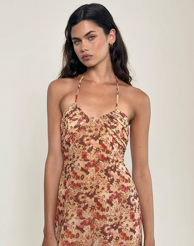 Immagine di Alette, maxi abito in chiffon con scollo a mezzaluna, fiore arrugginito