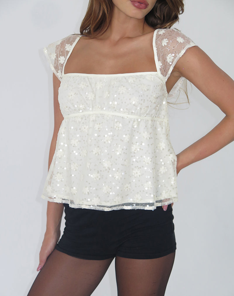 Top Aloysia in pizzo con paillettes Avorio