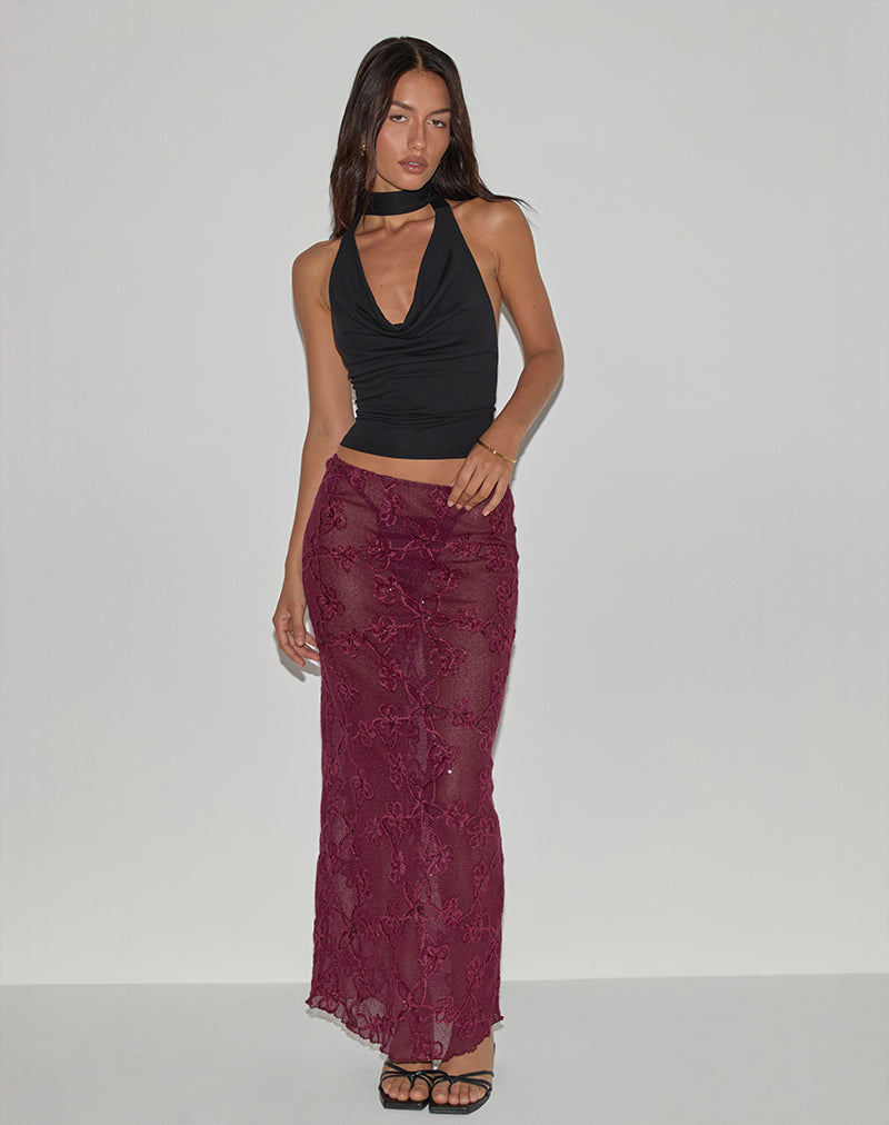 Maxi gonna Alphia in maglia di paillettes borgogna