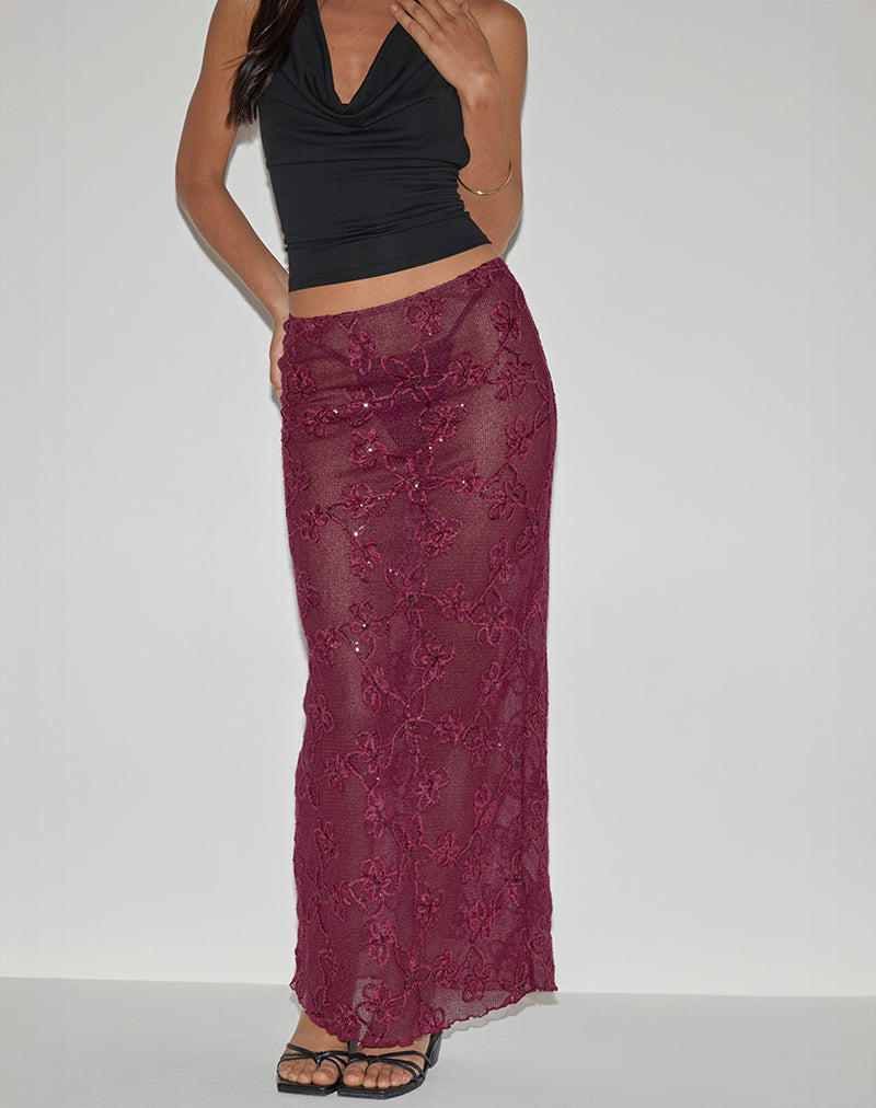 Maxi gonna Alphia in maglia di paillettes borgogna