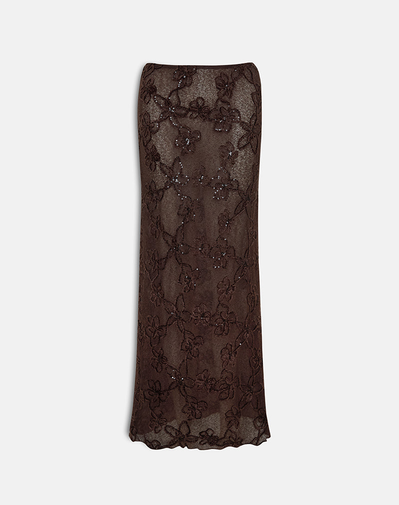 Gonna Alphia in maglia con paillettes in marrone scuro