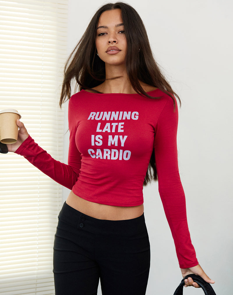 Immagine di Amabon Top a maniche lunghe in rosso Adrenalina con slogan Running Late