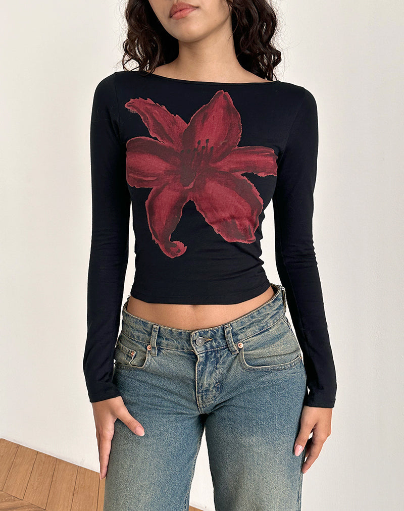 Amabon Top a maniche lunghe nero con fiore dipinto bordeaux