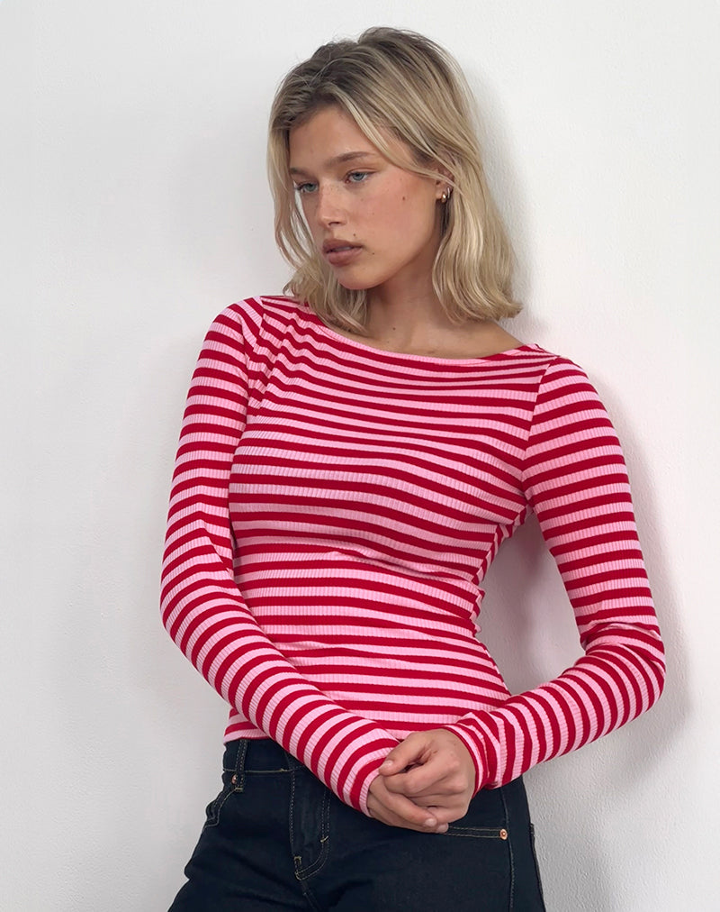 Top Amabon a righe rosa e rosse