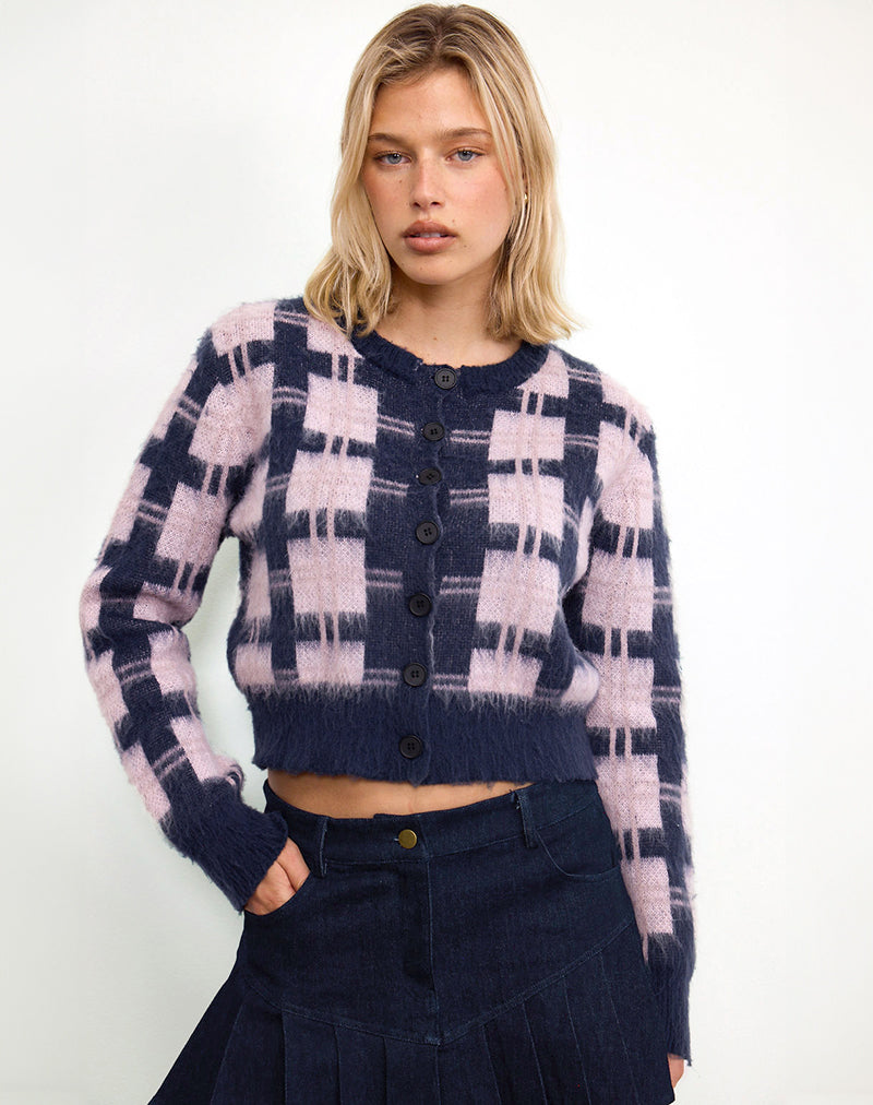 Immagine di Anzio Button Up Cardi in Multi Check Navy and Pink