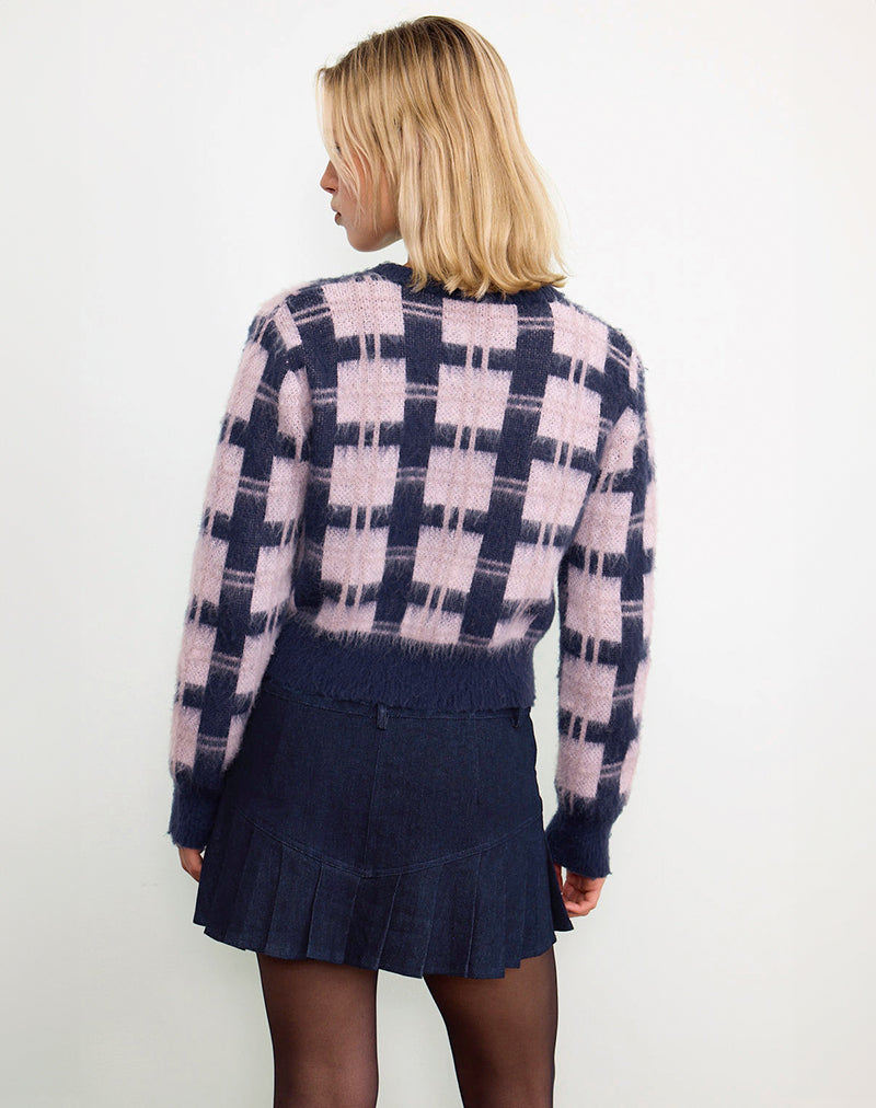 Immagine di Anzio Button Up Cardi in Multi Check Navy and Pink