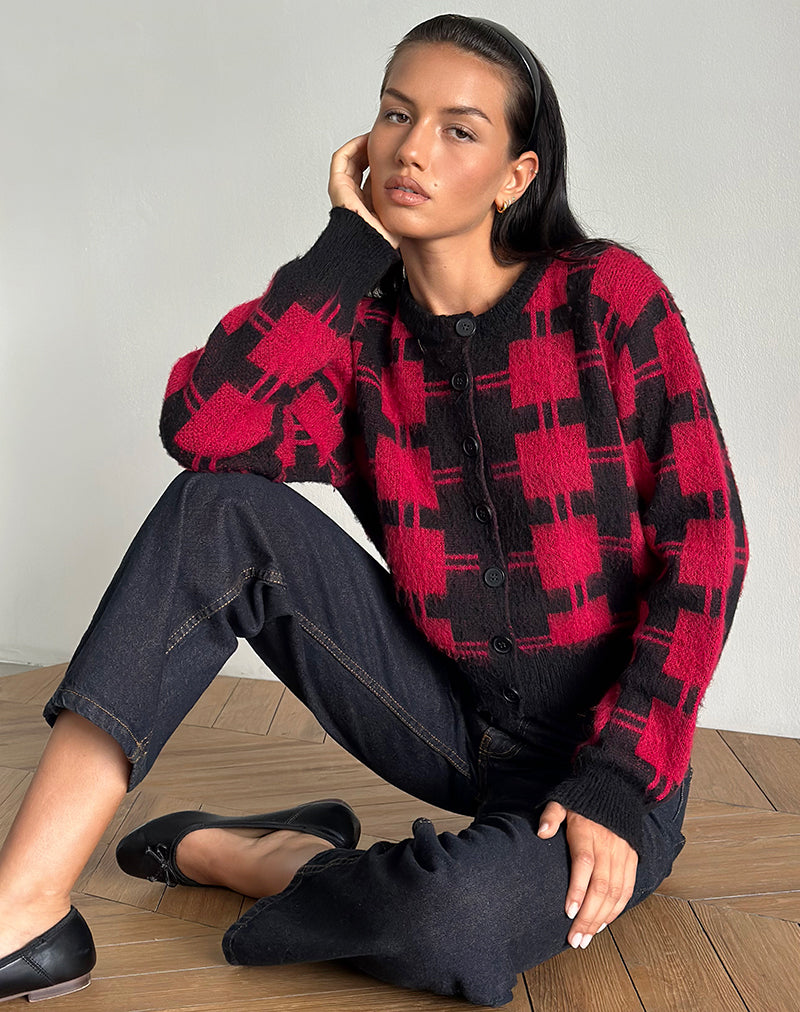 Immagine di Anzio Cardigan in maglia a quadri rossi e neri
