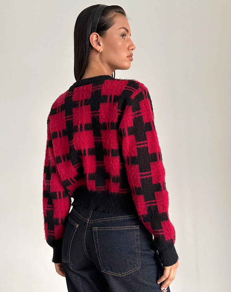Immagine di Anzio Cardigan in maglia a quadri rossi e neri