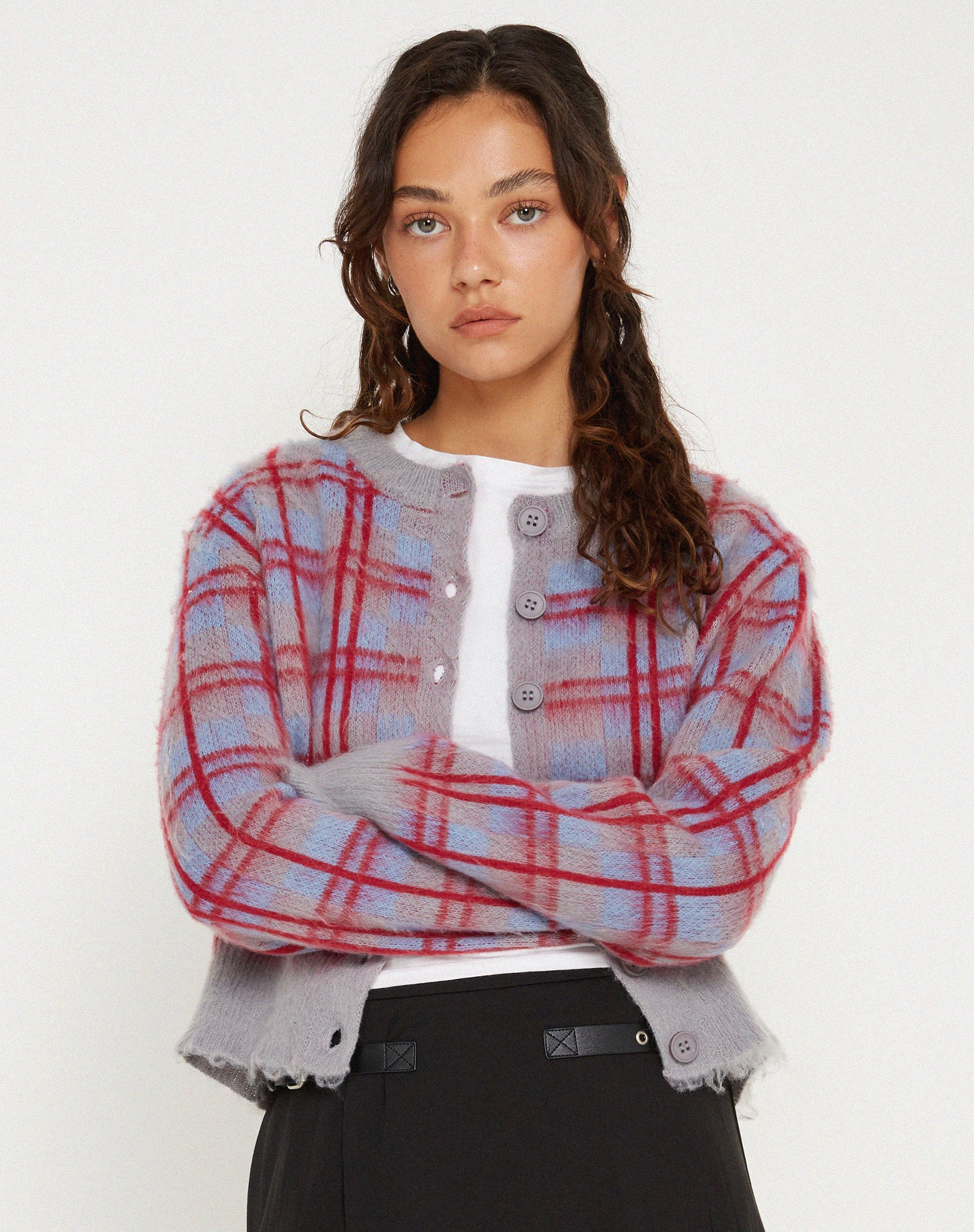 immagine di Anzio Button Up Cardi in Multi Check Grigio Blu e Rosso