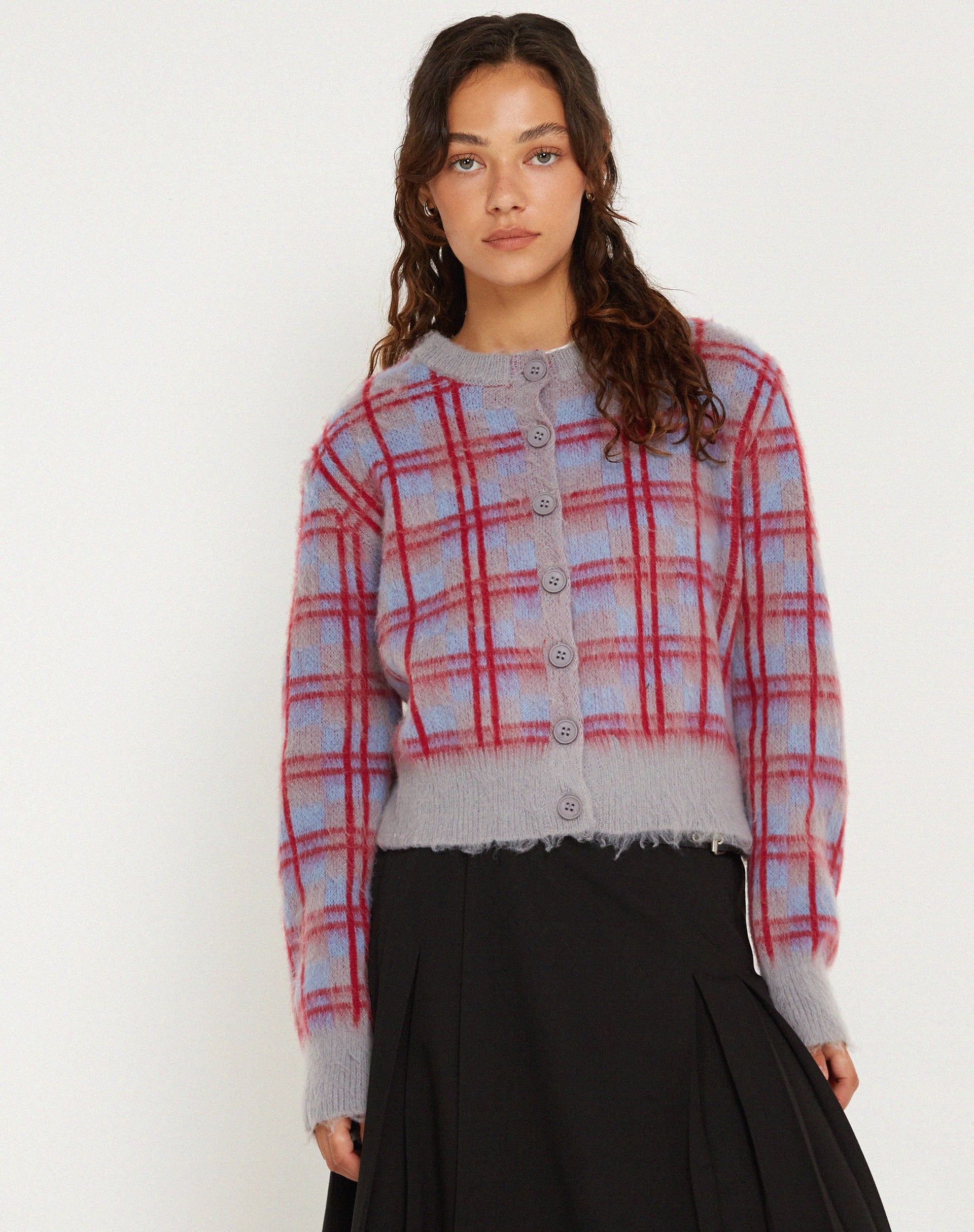 immagine di Anzio Button Up Cardi in Multi Check Grigio Blu e Rosso